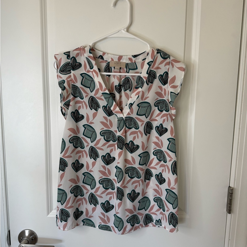 LOFT Green and Pink Leaf Print Blouse
